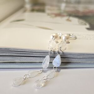 Natural Rainbow Moonstone  and White Pearls Earrings-Anthro Vibe /Boho Style